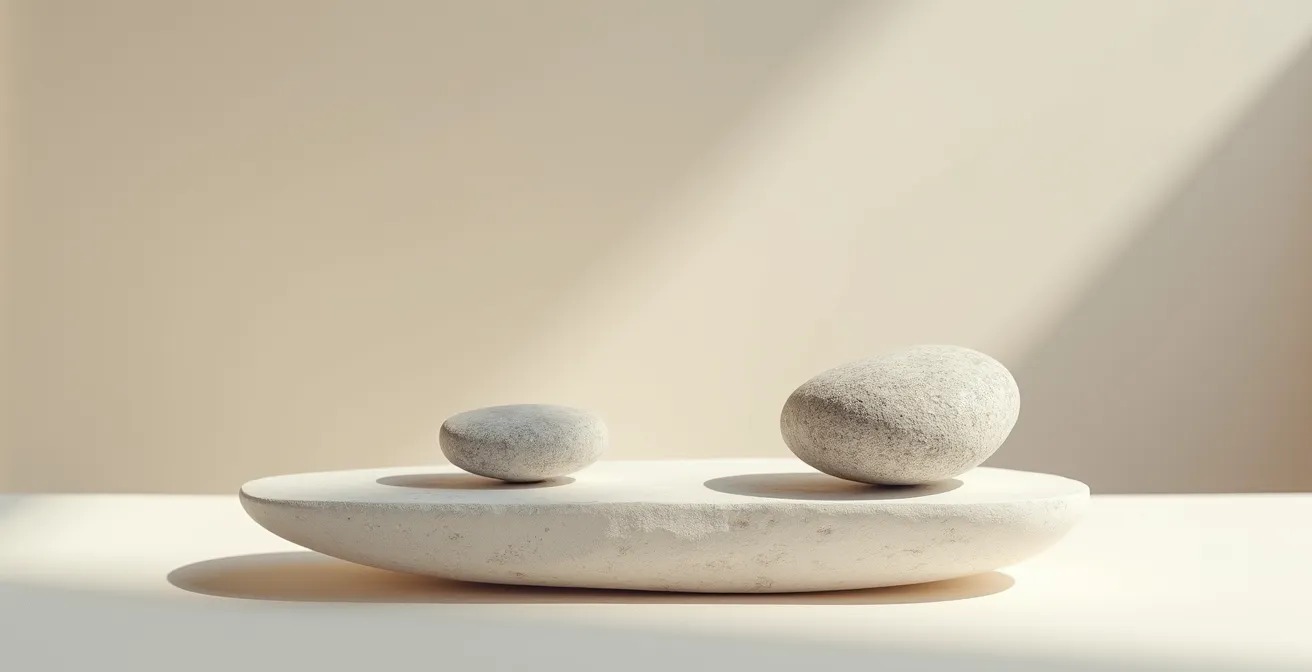 Composition symbolique minimaliste évoquant l'équilibre et la justice dans un environnement épuré et lumineux