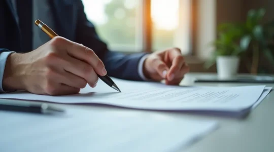 Professionnel analysant des documents juridiques avec détermination dans un environnement de travail sobre et lumineux