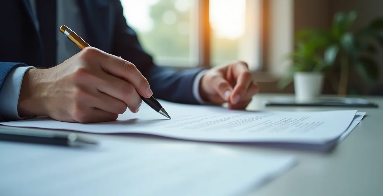 Professionnel analysant des documents juridiques avec détermination dans un environnement de travail sobre et lumineux