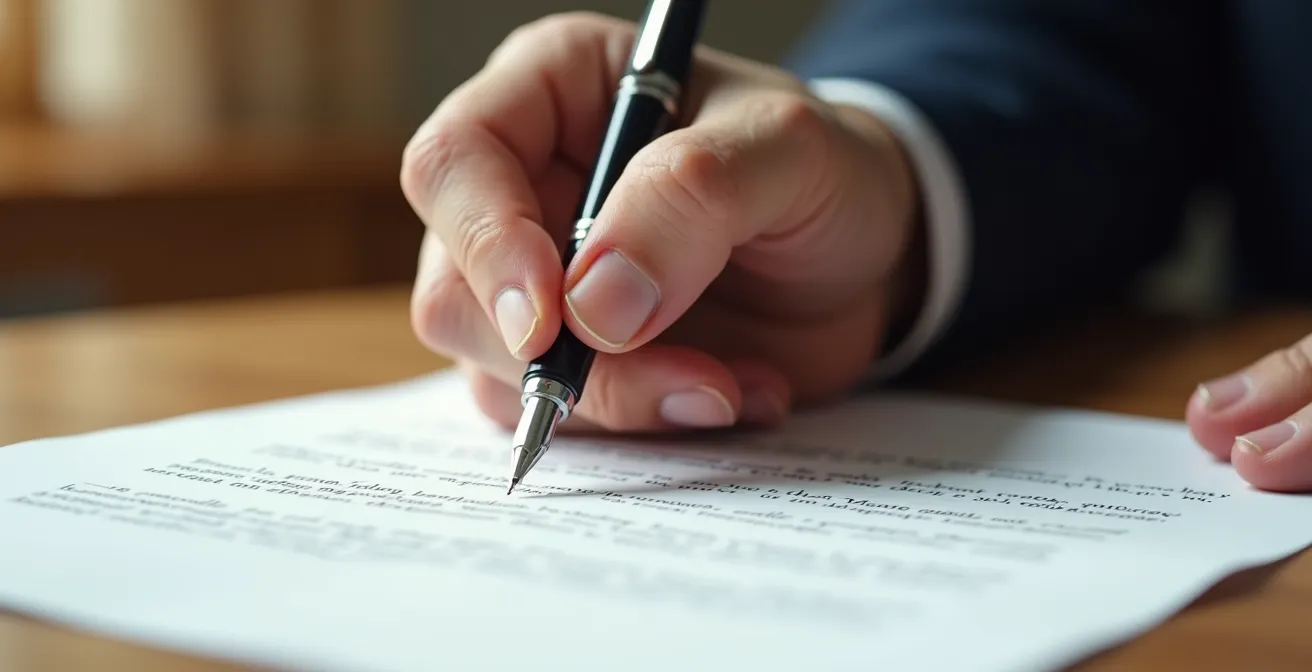 Main tenant un stylo au-dessus d'une lettre professionnelle, lumière naturelle créant une atmosphère de concentration et de détermination