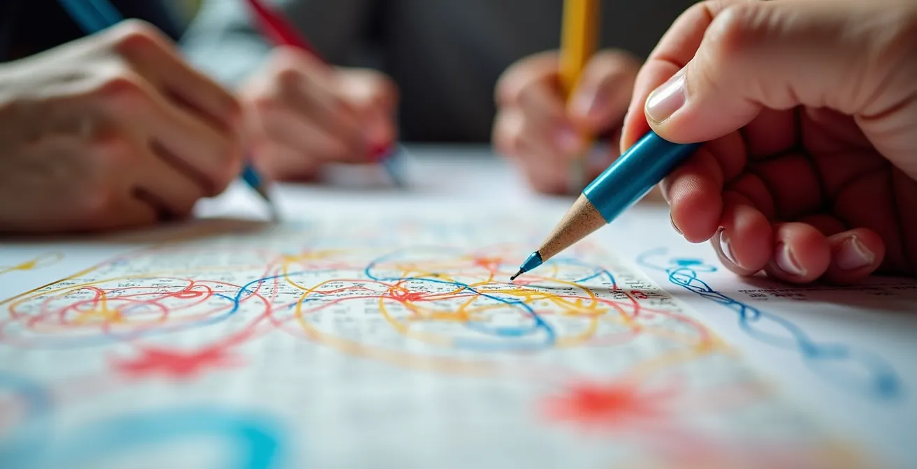 Vue macro de mains collaborant sur un document avec annotations colorées