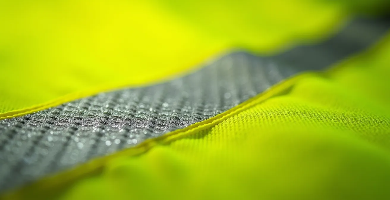 Détail macro des bandes rétroréfléchissantes sur un vêtement haute visibilité