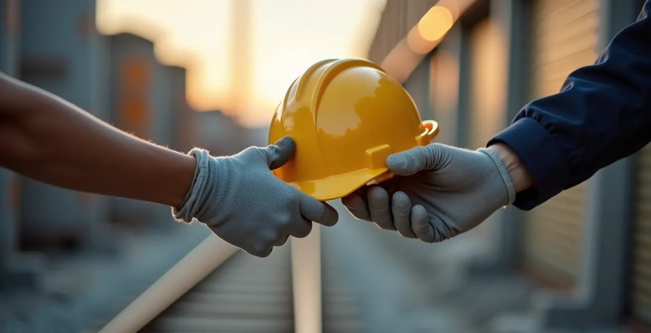 Échange d'un casque de sécurité entre deux mains sur un chantier