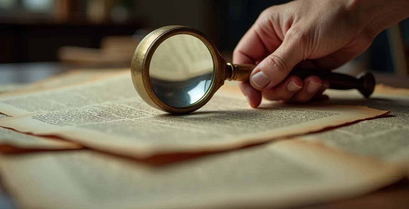 Gros plan sur des mains analysant des documents avec loupe