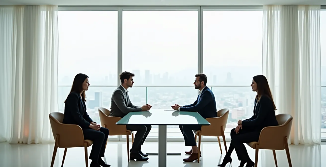 Vue d'ensemble d'une salle de réunion avec personnes en discussion