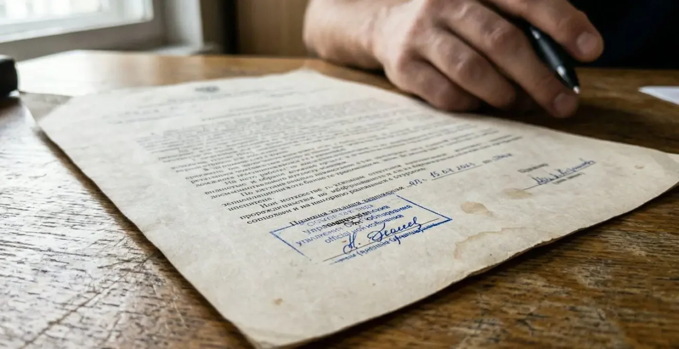 Gros plan sur un document imprimé posé sur un bureau en bois, une main floue tient un stylo en arrière-plan