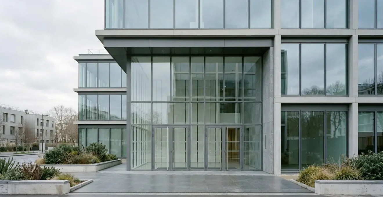 Entrée vitrée d'un immeuble de bureaux contemporain avec façade en verre et métal, ciel nuageux en arrière-plan