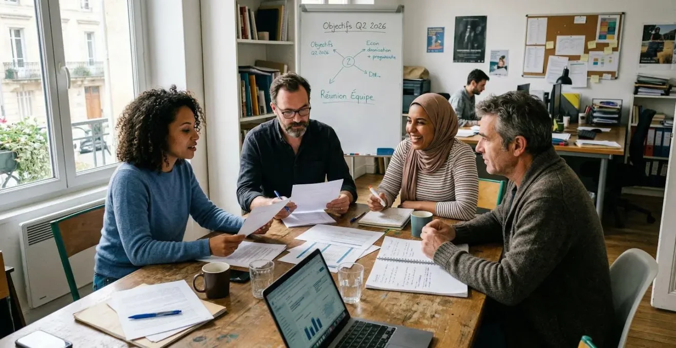 Quatre personnes discutent autour d'une table de réunion dans un open-space lumineux, documents éparpillés devant eux