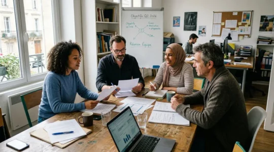 Quatre personnes discutent autour d'une table de réunion dans un open-space lumineux, documents éparpillés devant eux