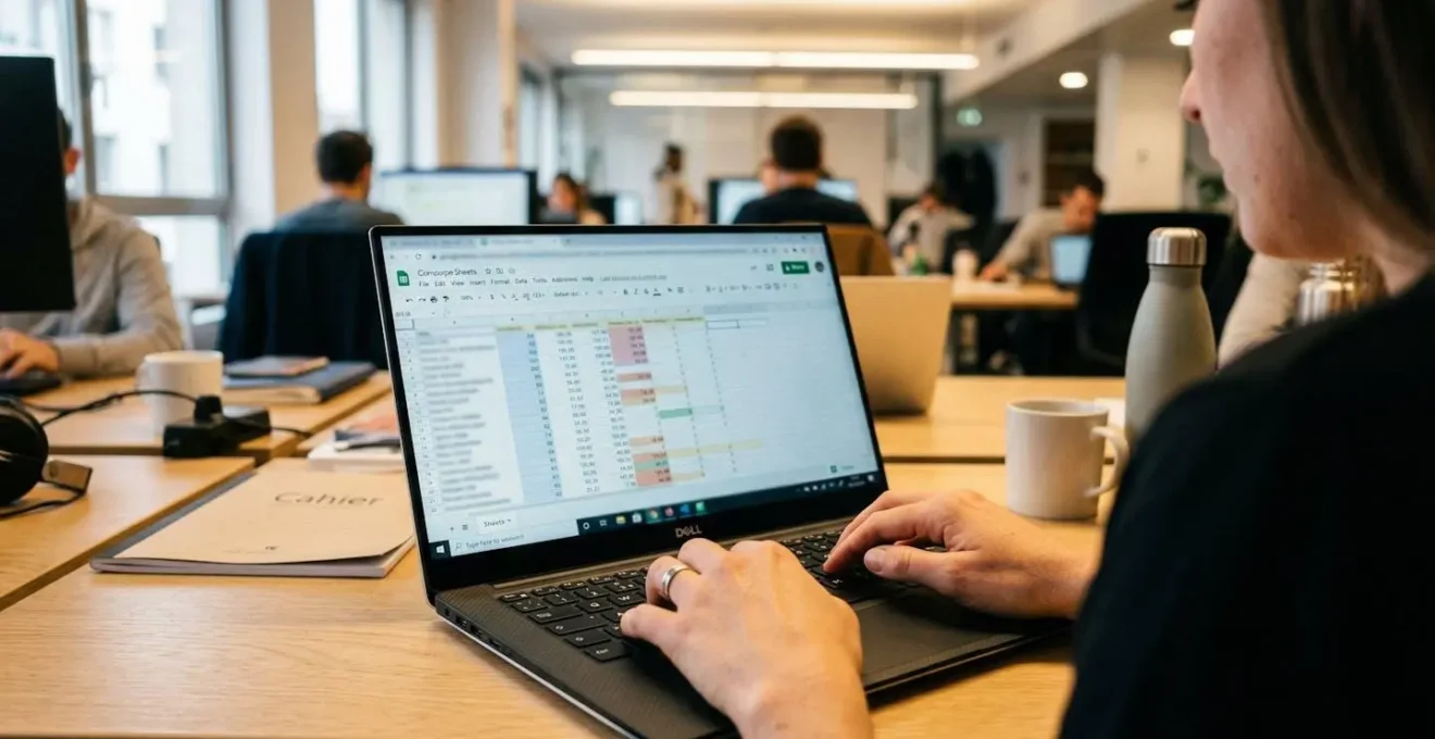 Mains tapant sur un clavier d'ordinateur portable, écran flouté affichant un tableur, environnement de bureau sobre